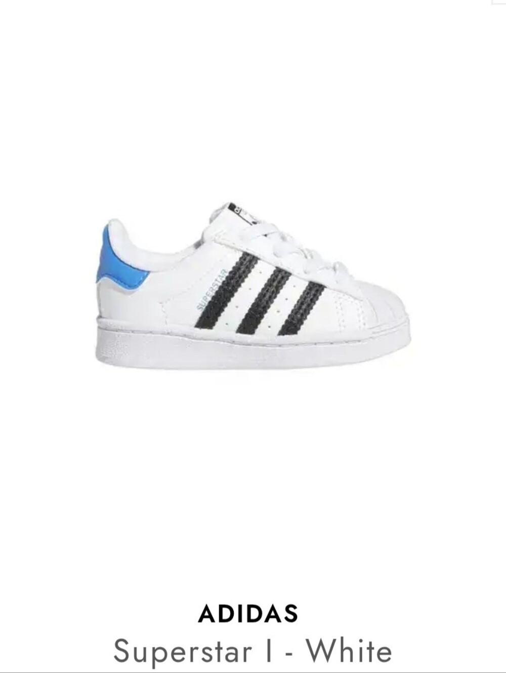 White Sneakers Black Stripes and Blue Heel Tab Superstar I White Blue Rush